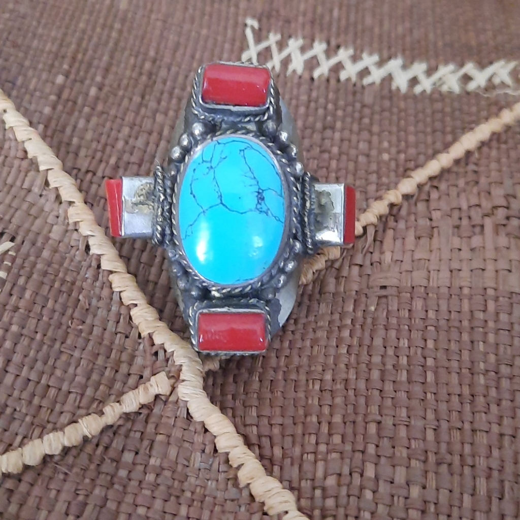 Tibetan Statement Turquoise And Coral Ring